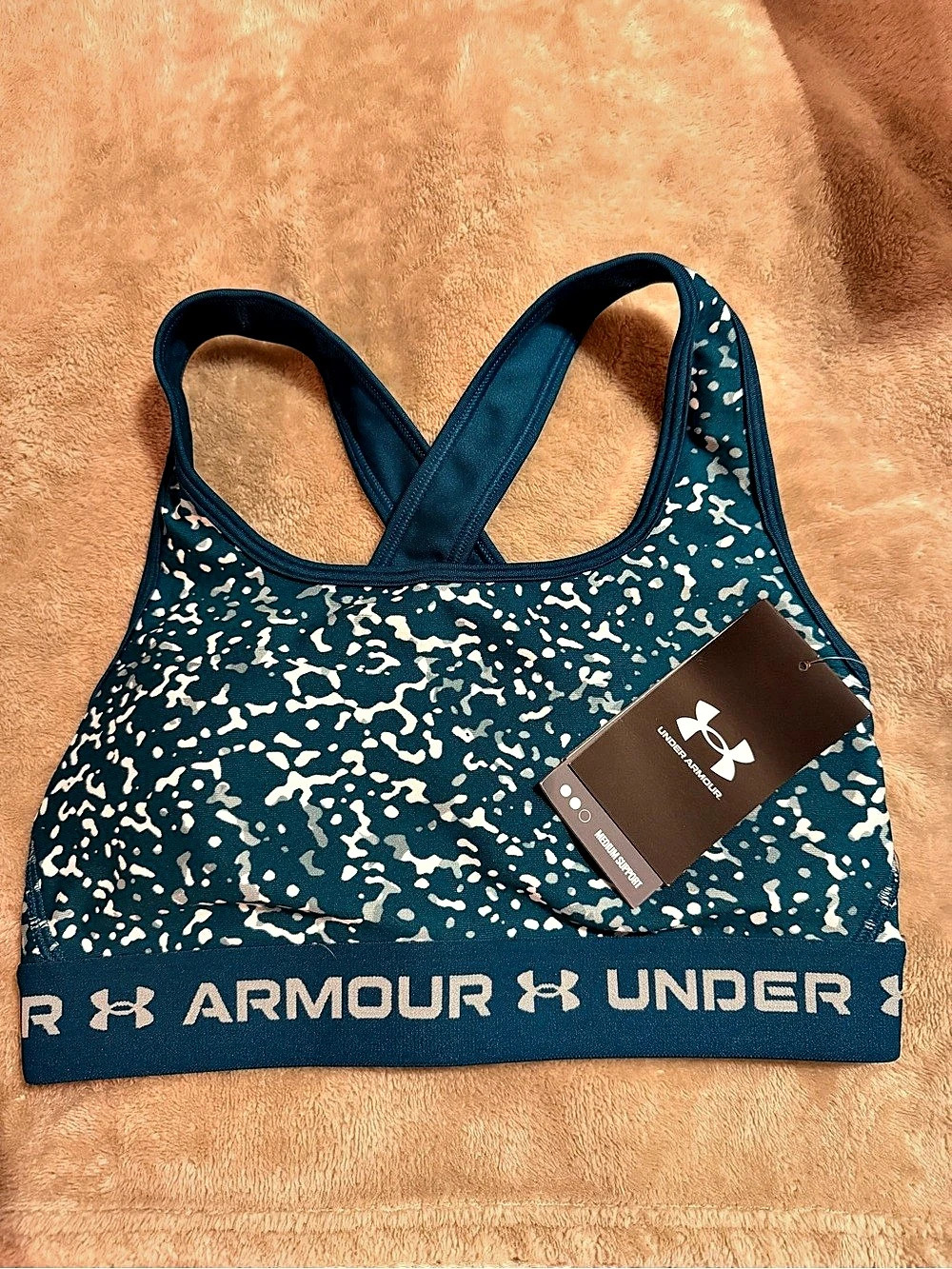 Under Armour UA Crossback Mid Print Sports Bra Blue & White Small
